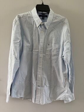 Tommy Hilfiger Light Blue and White Striped Button-Down Shirt